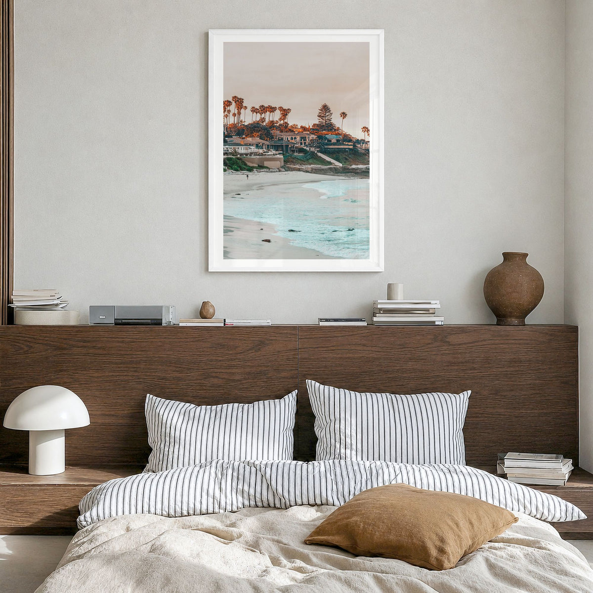 La Jolla Photo No 1 Poster in a white wood frame, hanging in a bedroom, white border