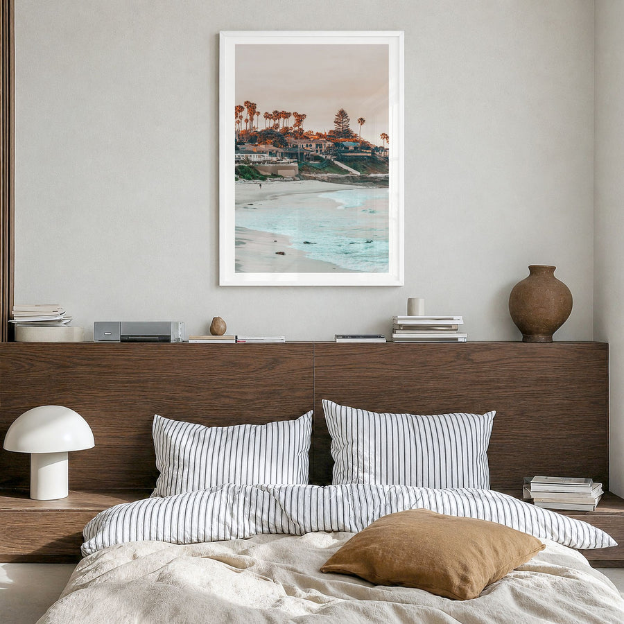 La Jolla Photo No 1 Poster in a white wood frame, hanging in a bedroom, white border
