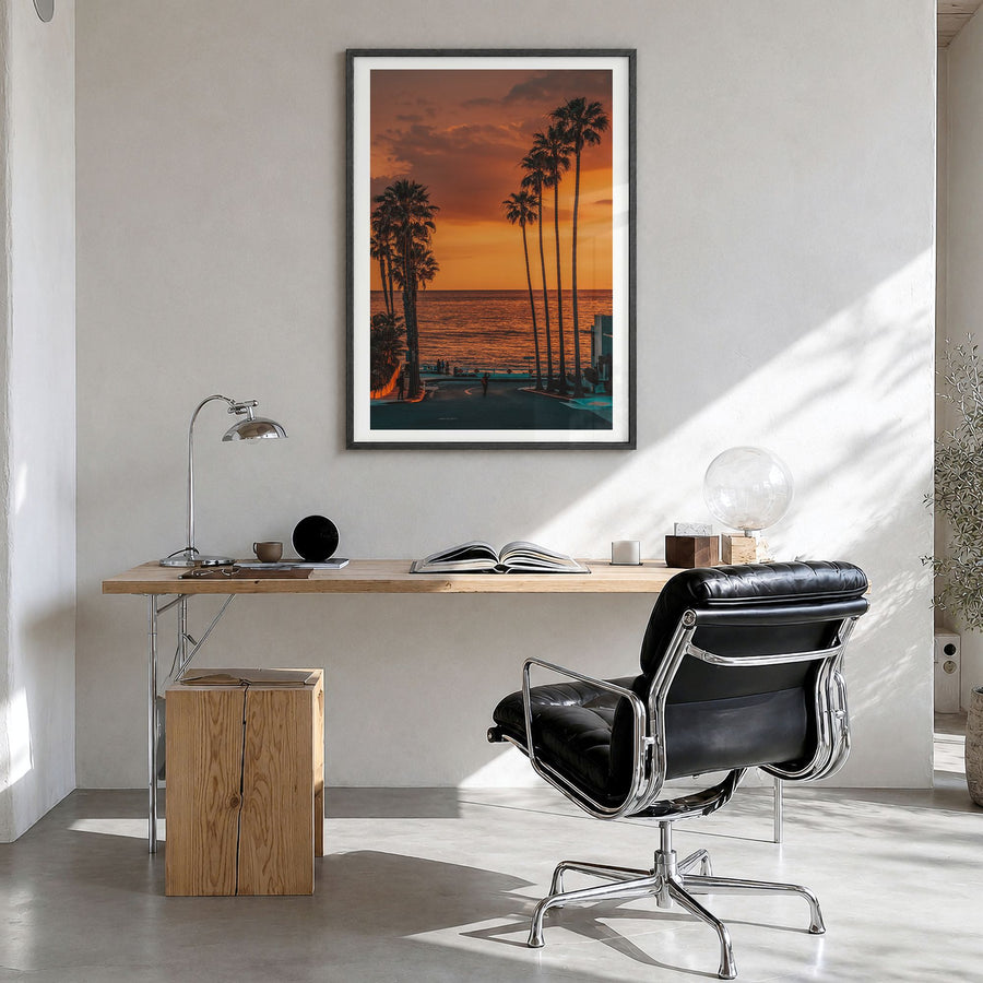 La Jolla Photo No 2 Poster in a black wood frame, hanging in a bright home office, white border