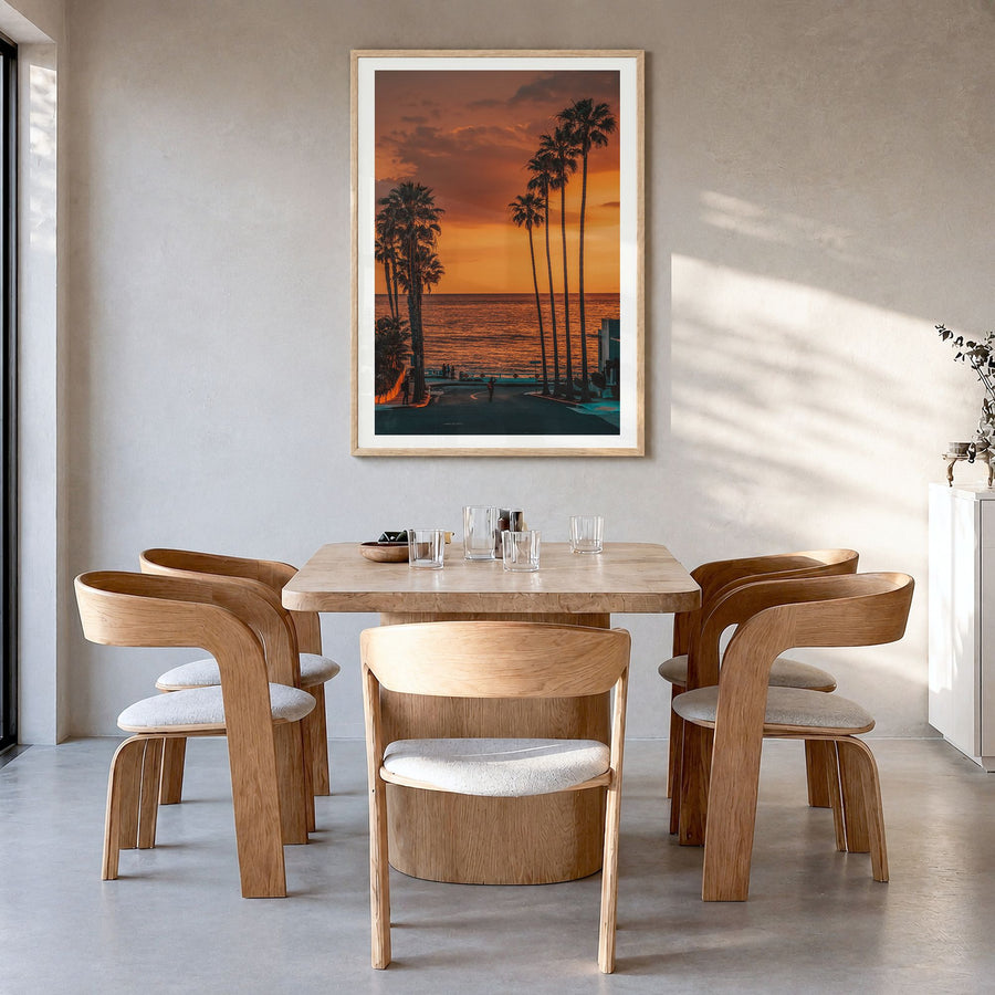 La Jolla Photo No 2 Poster in a natural wood frame, hanging in a dining room, white border