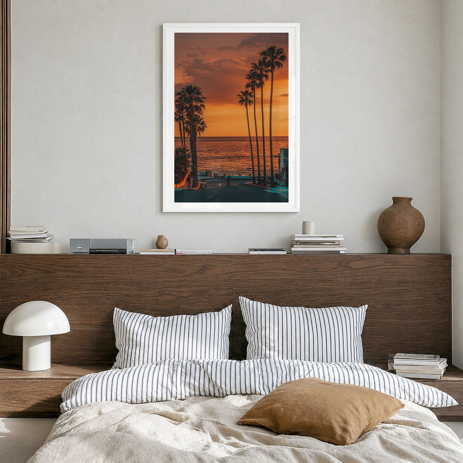 La Jolla Photo No 2 Poster in a white wood frame, hanging in a bedroom, white border