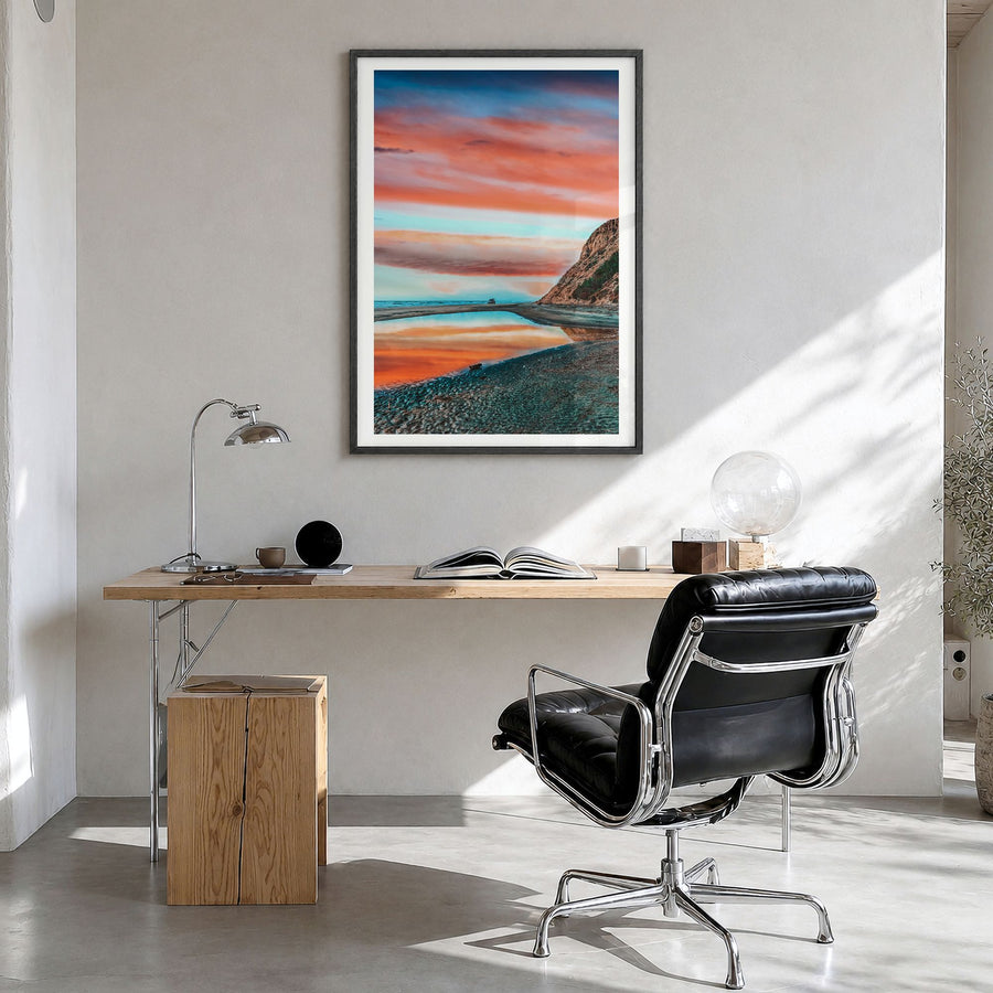 La Jolla Photo No 3 Poster in a black wood frame, hanging in a bright home office, white border