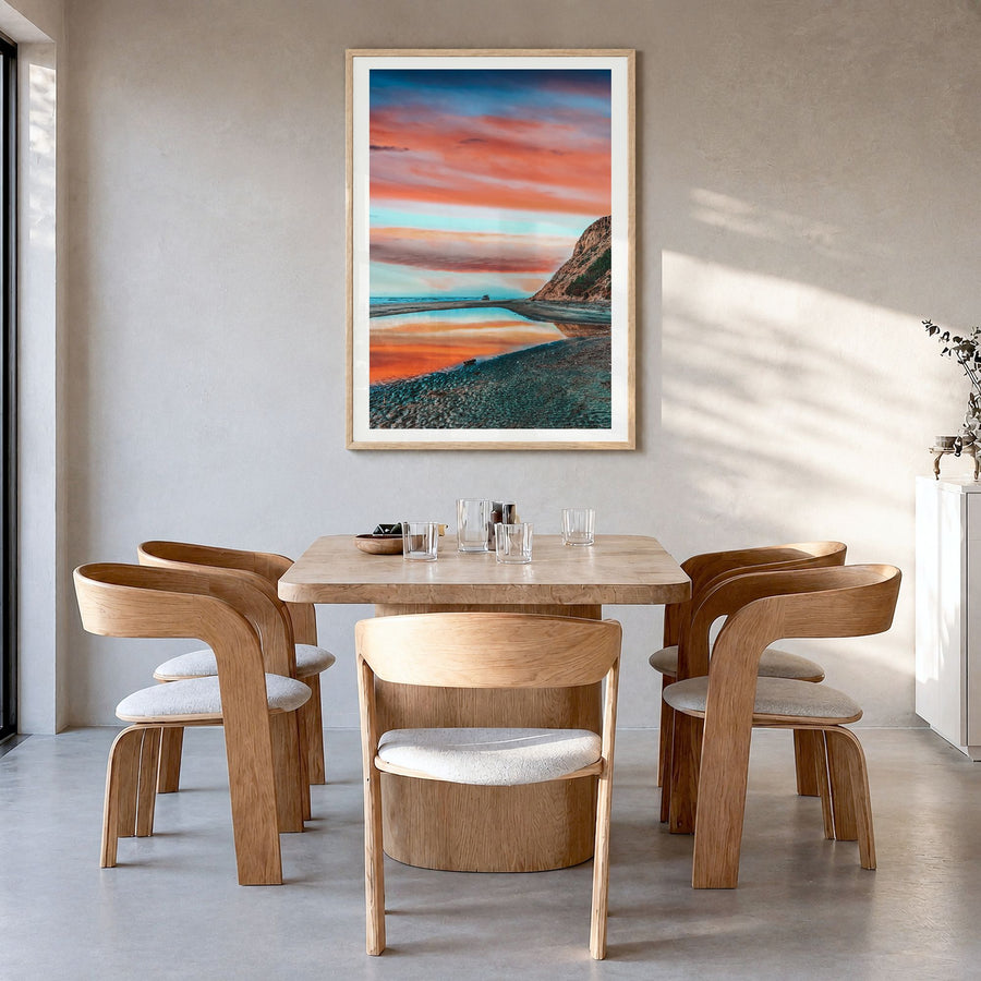 La Jolla Photo No 3 Poster in a natural wood frame, hanging in a dining room, white border