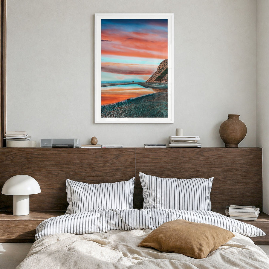 La Jolla Photo No 3 Poster in a white wood frame, hanging in a bedroom, white border