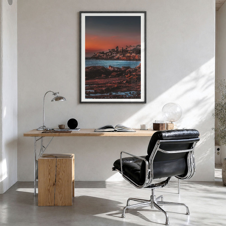 La Jolla Photo No 4 Poster in a black wood frame, hanging in a bright home office, white border