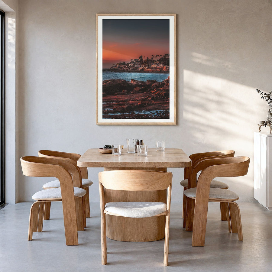 La Jolla Photo No 4 Poster in a natural wood frame, hanging in a dining room, white border