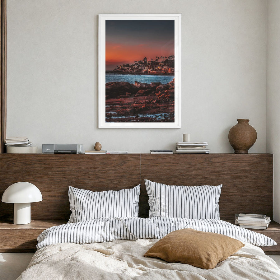 La Jolla Photo No 4 Poster in a white wood frame, hanging in a bedroom, white border