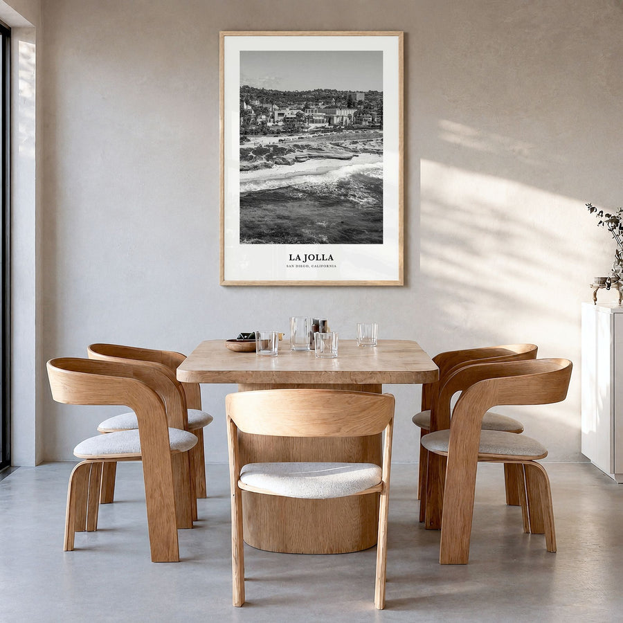 La Jolla Classic No 1 Poster in a natural wood frame, hanging in a dining room