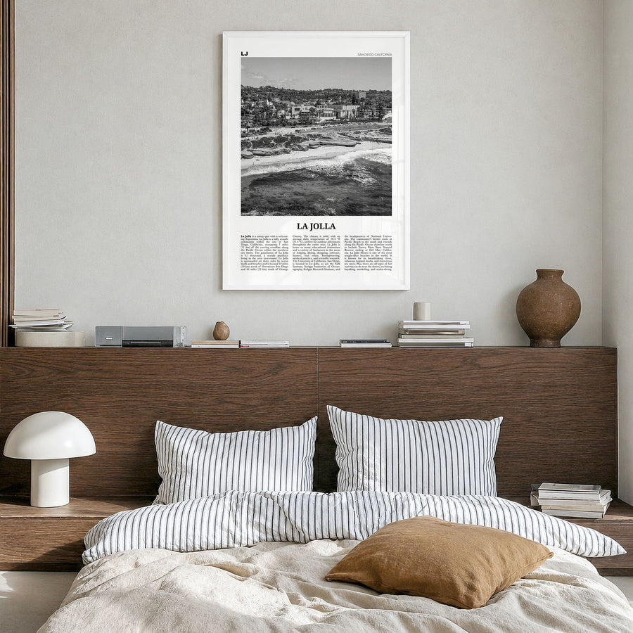 La Jolla Newspaper No 1 Poster in a white wood frame, hanging in a bedroom