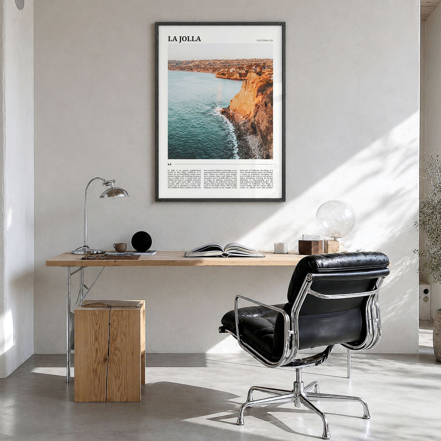 La Jolla Travel No 1 Poster in a black wood frame, hanging in a bright home office