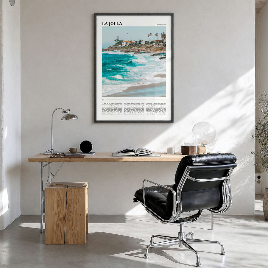 La Jolla Travel No 2 Poster in a black wood frame, hanging in a bright home office