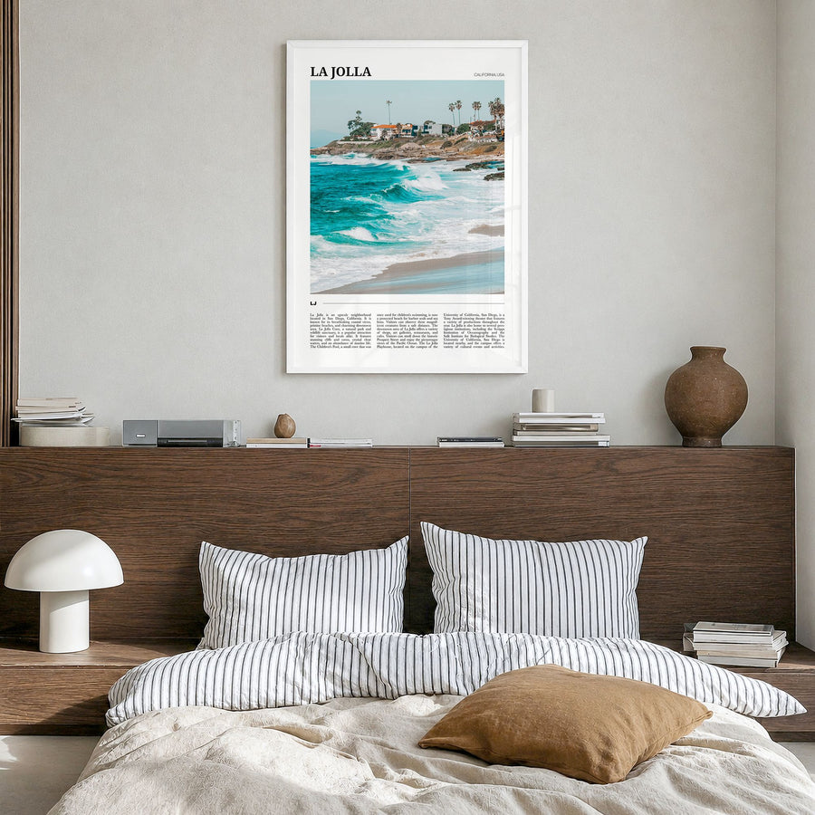 La Jolla Travel No 2 Poster in a white wood frame, hanging in a bedroom