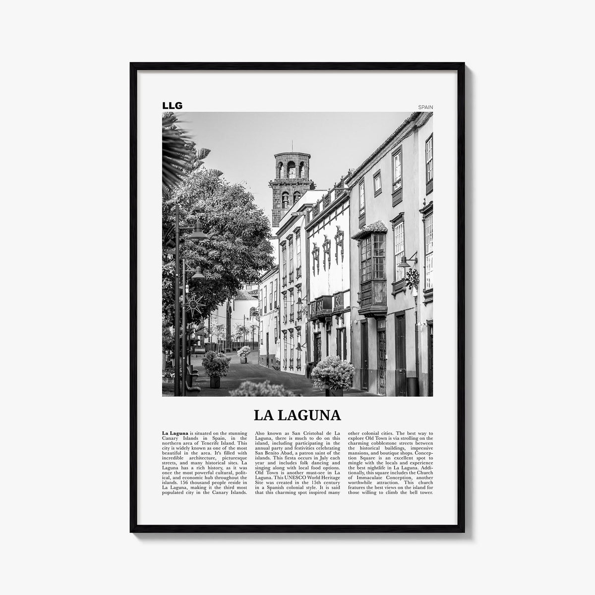 La Laguna black & white newspaper poster of Spain – vertical wall art, unframed print shown in interior mockup