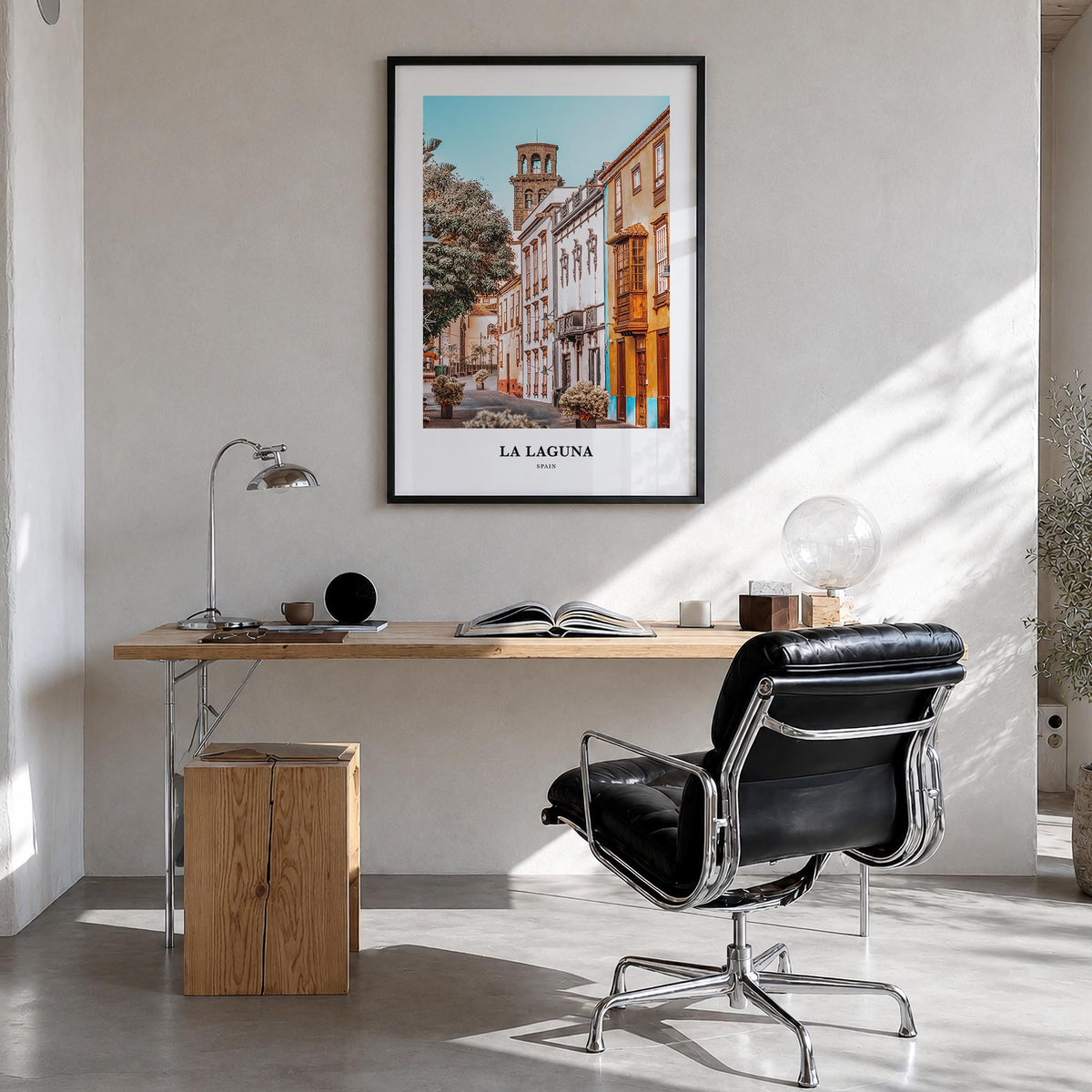 La Laguna colorful classic poster of Spain – vertical wall art in black wood frame, hanging on wall