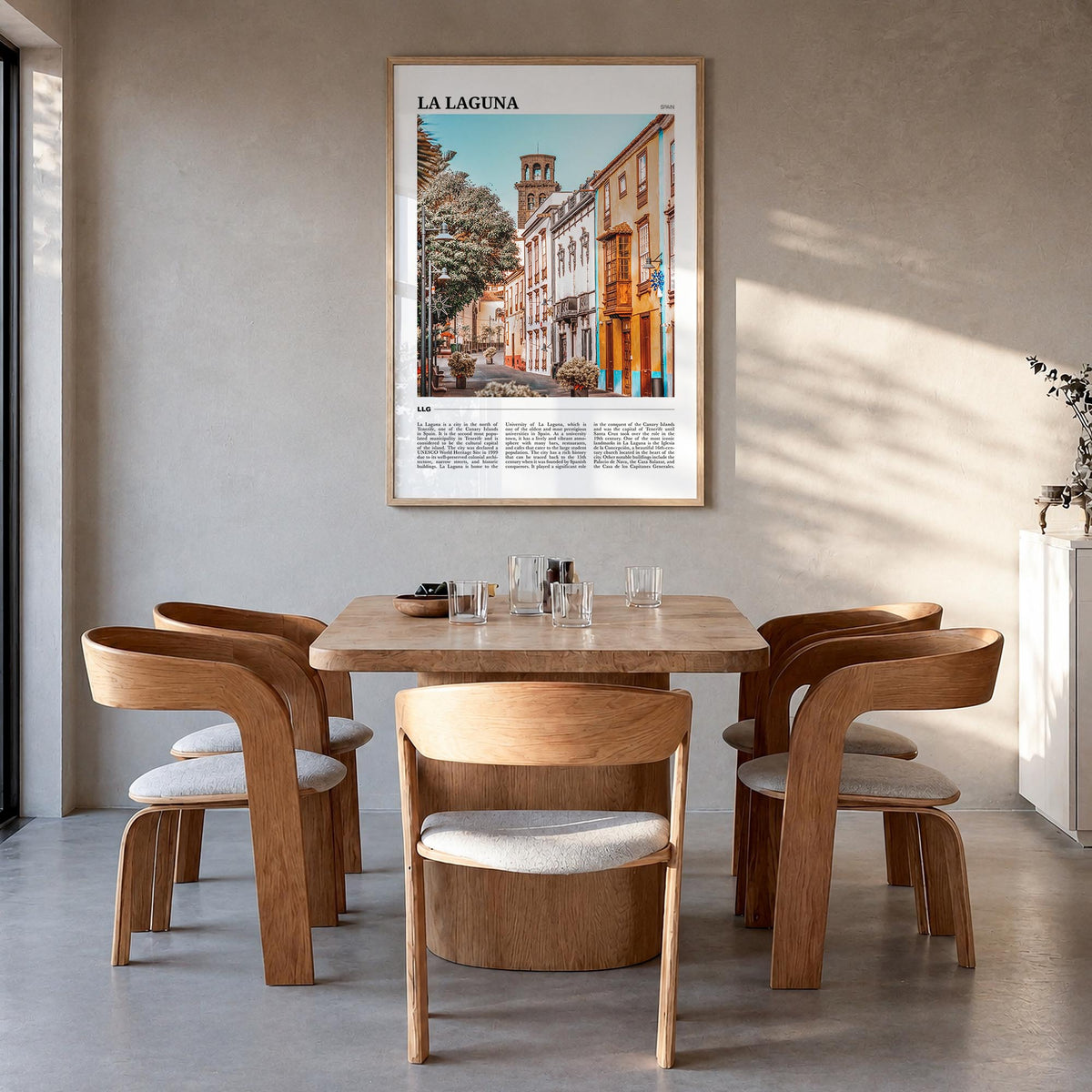 La Laguna colorful travel poster of Spain – vertical wall art in natural wood frame, hanging on wall