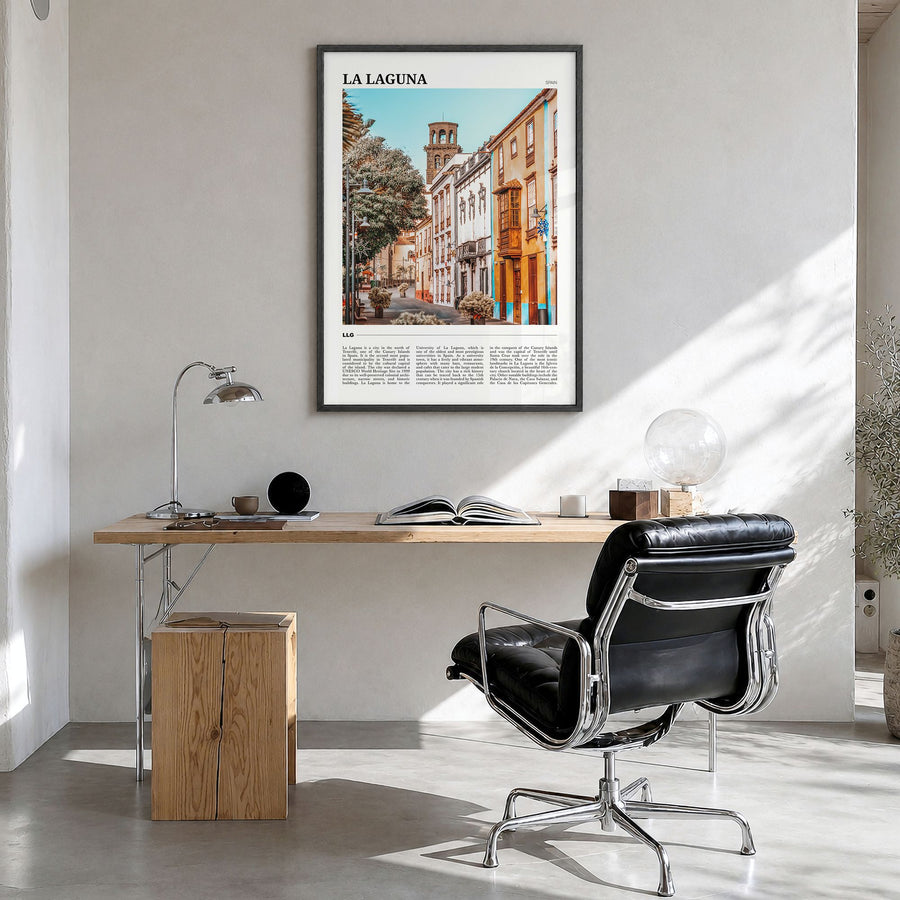 La Laguna Travel Poster in a black wood frame, hanging in a bright home office