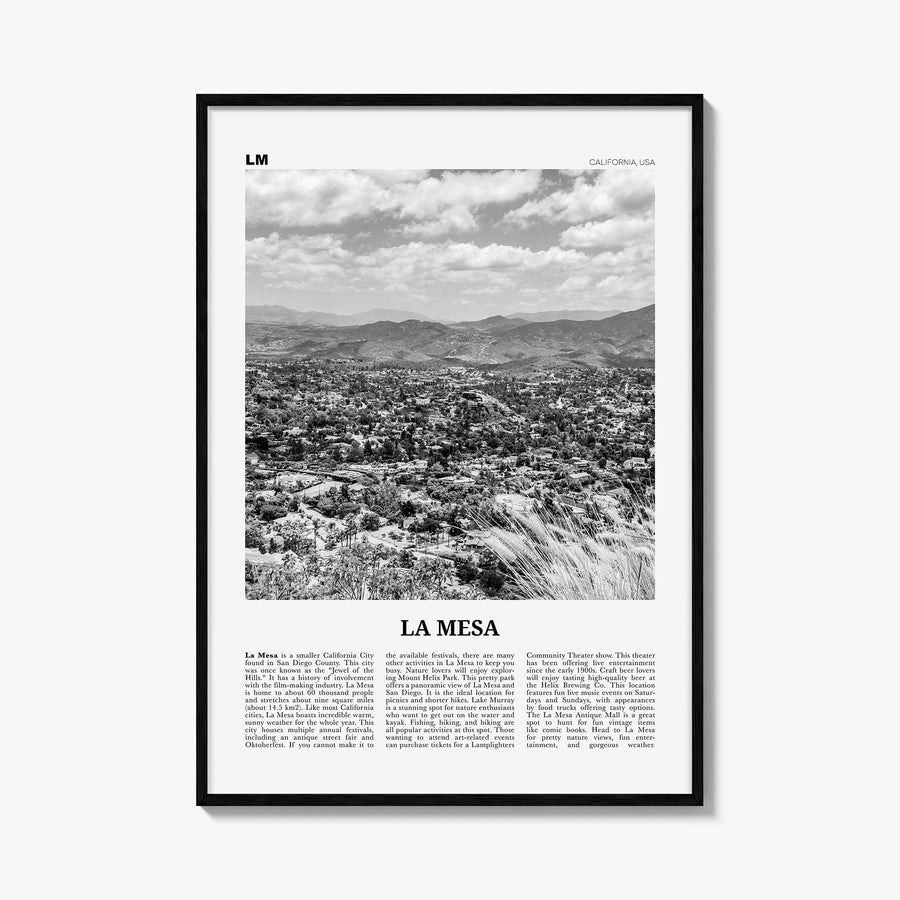 La Mesa black & white newspaper poster of California, USA – vertical wall art, unframed print shown in interior mockup