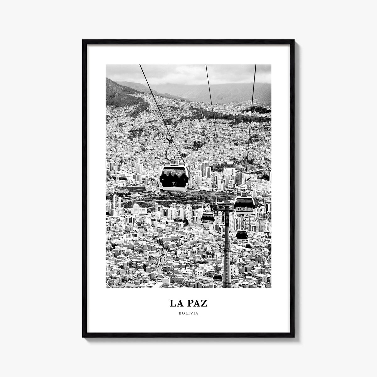 La Paz black & white classic poster of Bolivia – vertical wall art, unframed print shown in interior mockup