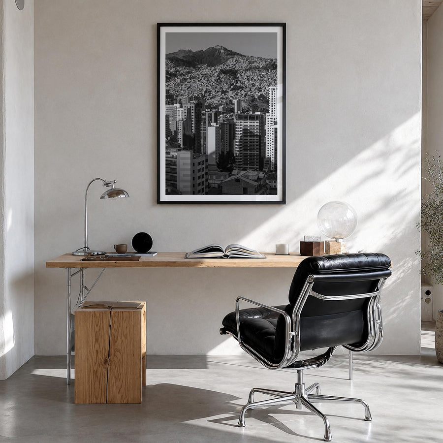 La Paz black & white photo poster of Bolivia – vertical wall art in black wood frame with white border, hanging on wall