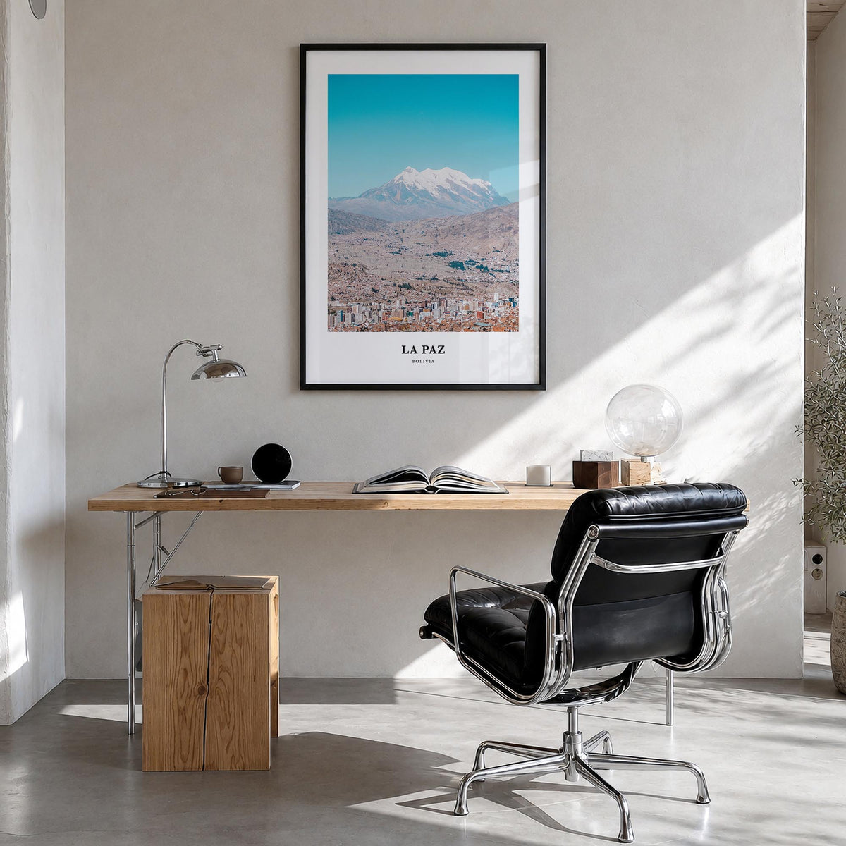 La Paz colorful classic poster of Bolivia – vertical wall art in black wood frame, hanging on wall