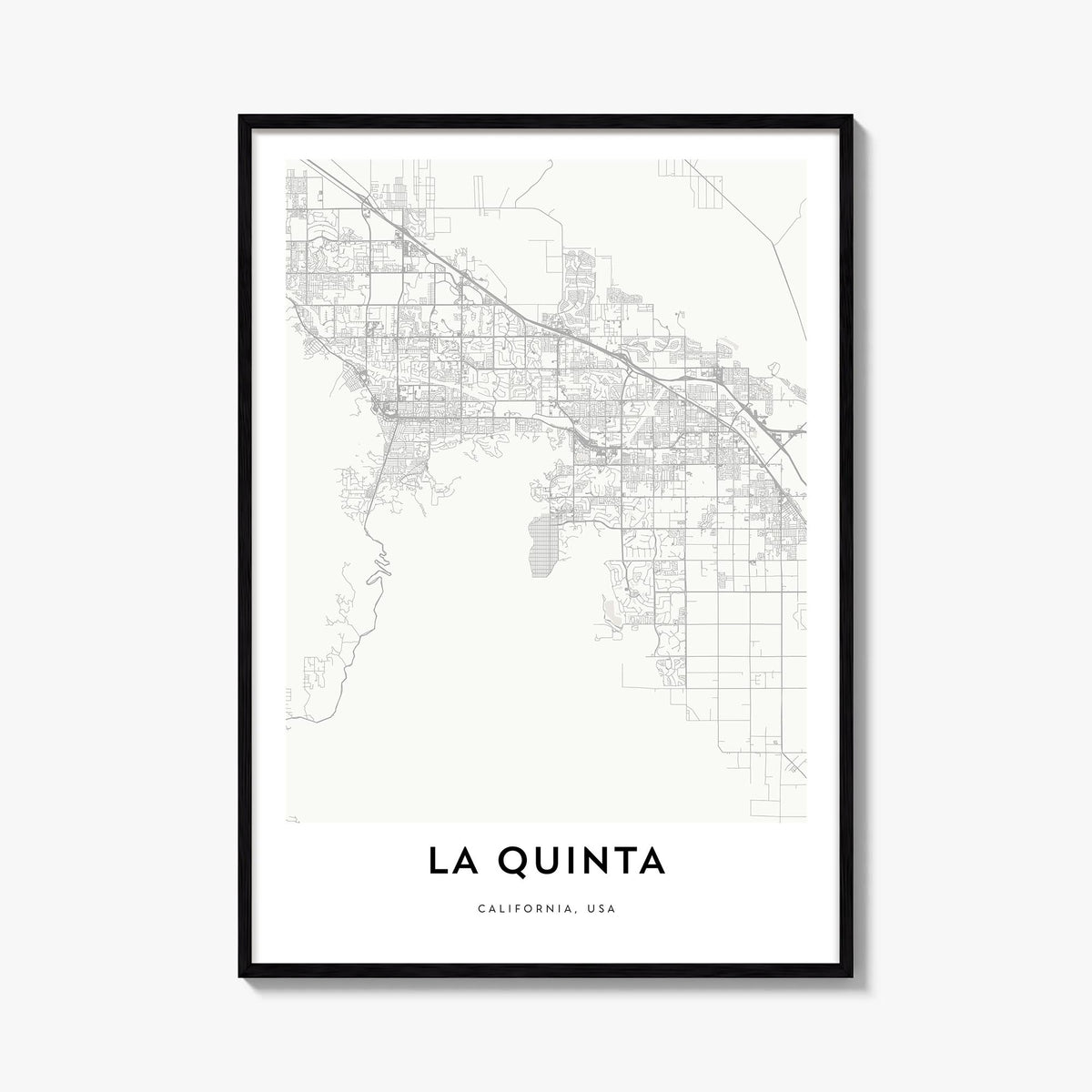La Quinta black & white map poster of California, USA – vertical wall art, unframed print shown in interior mockup