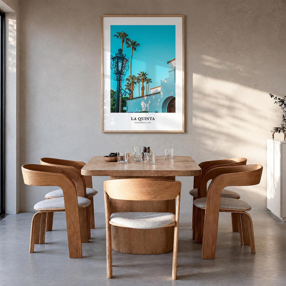La Quinta colorful classic poster of California, USA – vertical wall art in natural wood frame, hanging on wall