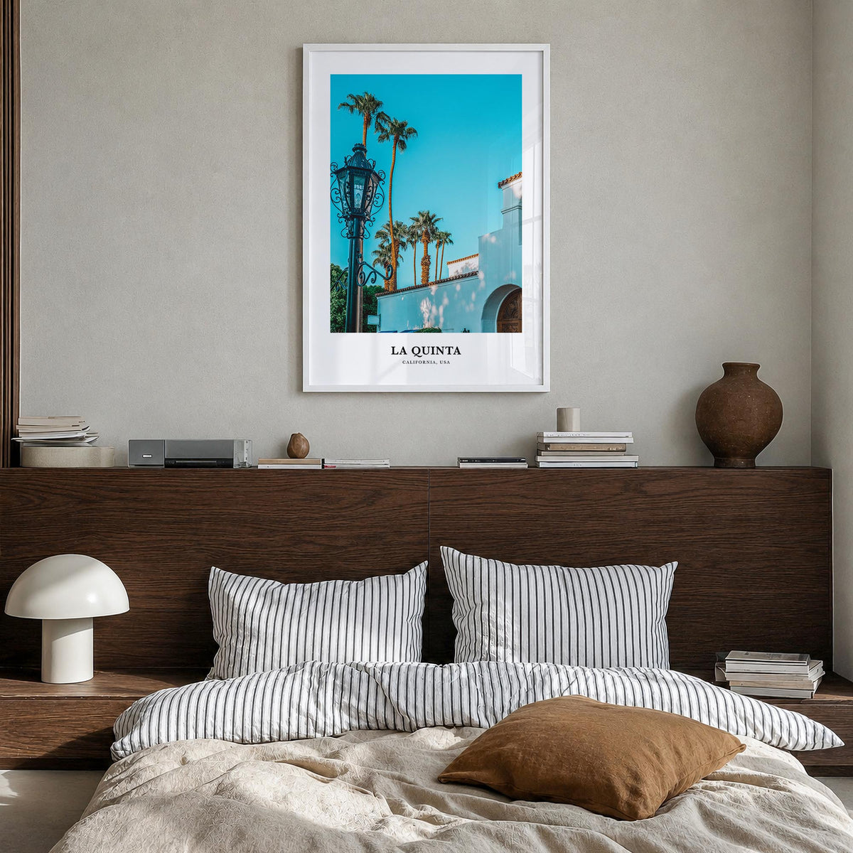 La Quinta colorful classic poster of California, USA – vertical wall art in white wood frame, hanging on wall