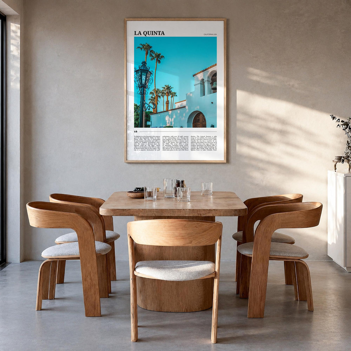 La Quinta colorful travel poster of California, USA – vertical wall art in natural wood frame, hanging on wall