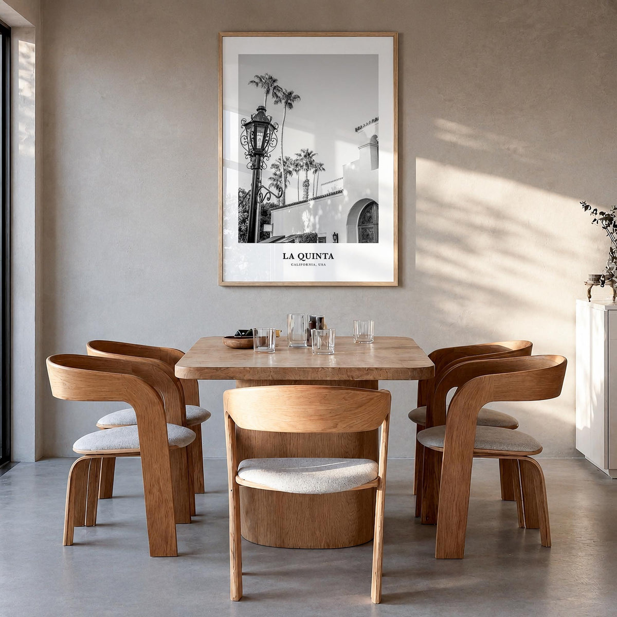 La Quinta no. 1 black & white classic poster of California, USA – vertical wall art in natural wood frame, hanging on wall