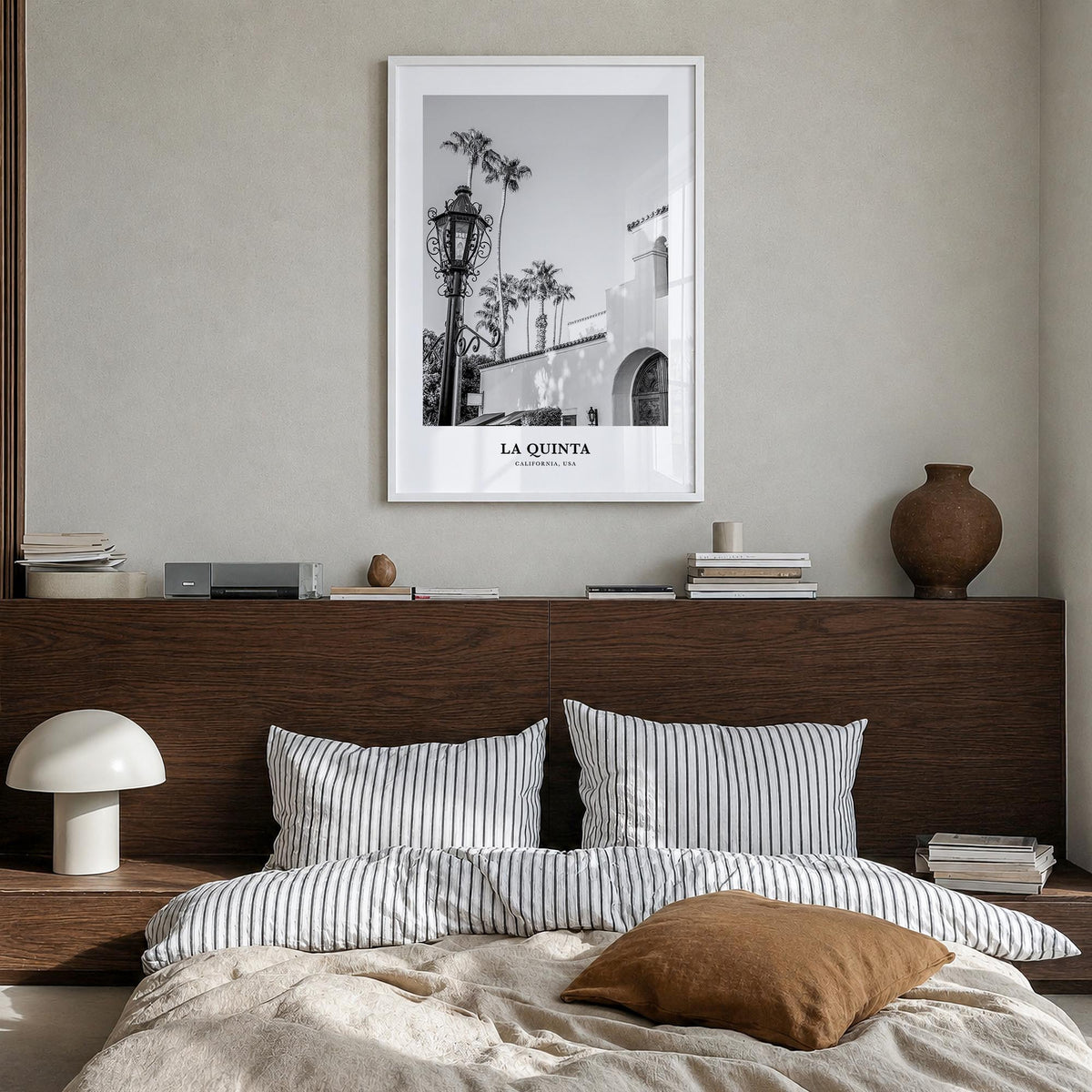 La Quinta no. 1 black & white classic poster of California, USA – vertical wall art in white wood frame, hanging on wall