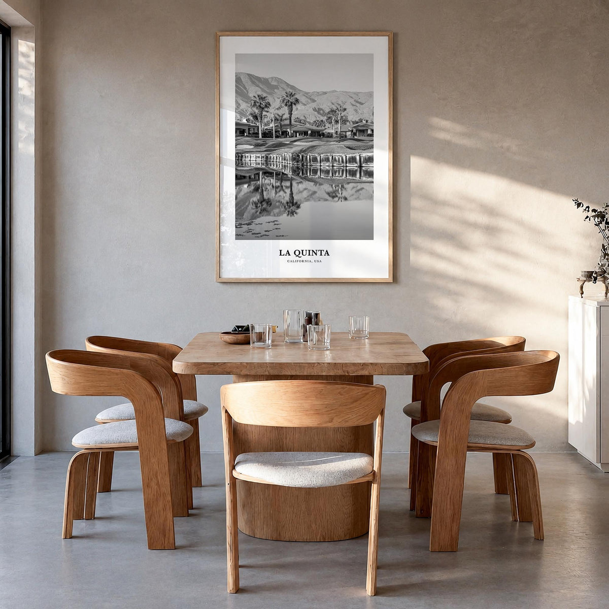 La Quinta no. 2 black & white classic poster of California, USA – vertical wall art in natural wood frame, hanging on wall