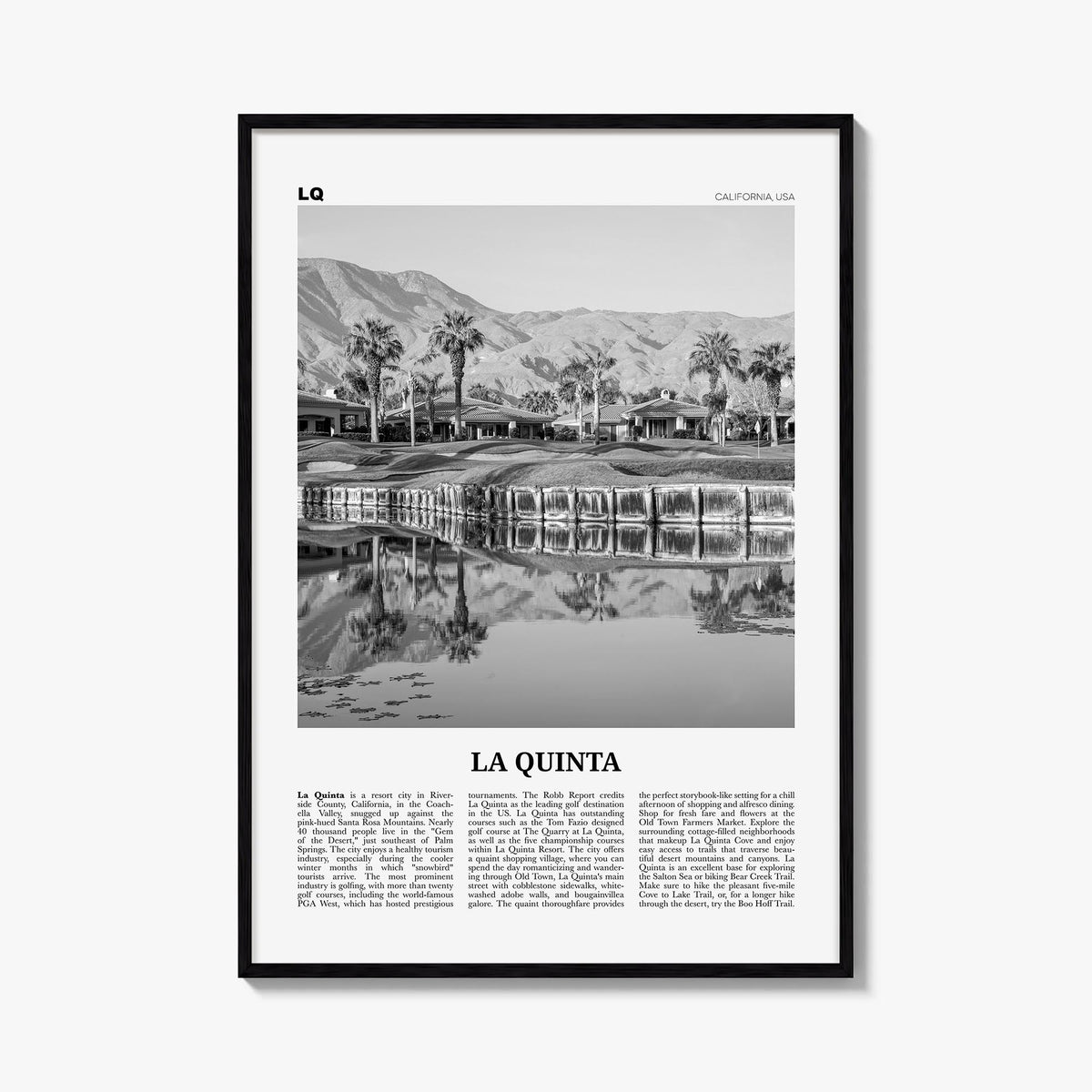 La Quinta no. 2 black & white newspaper poster of California, USA – vertical wall art, unframed print shown in interior mocku