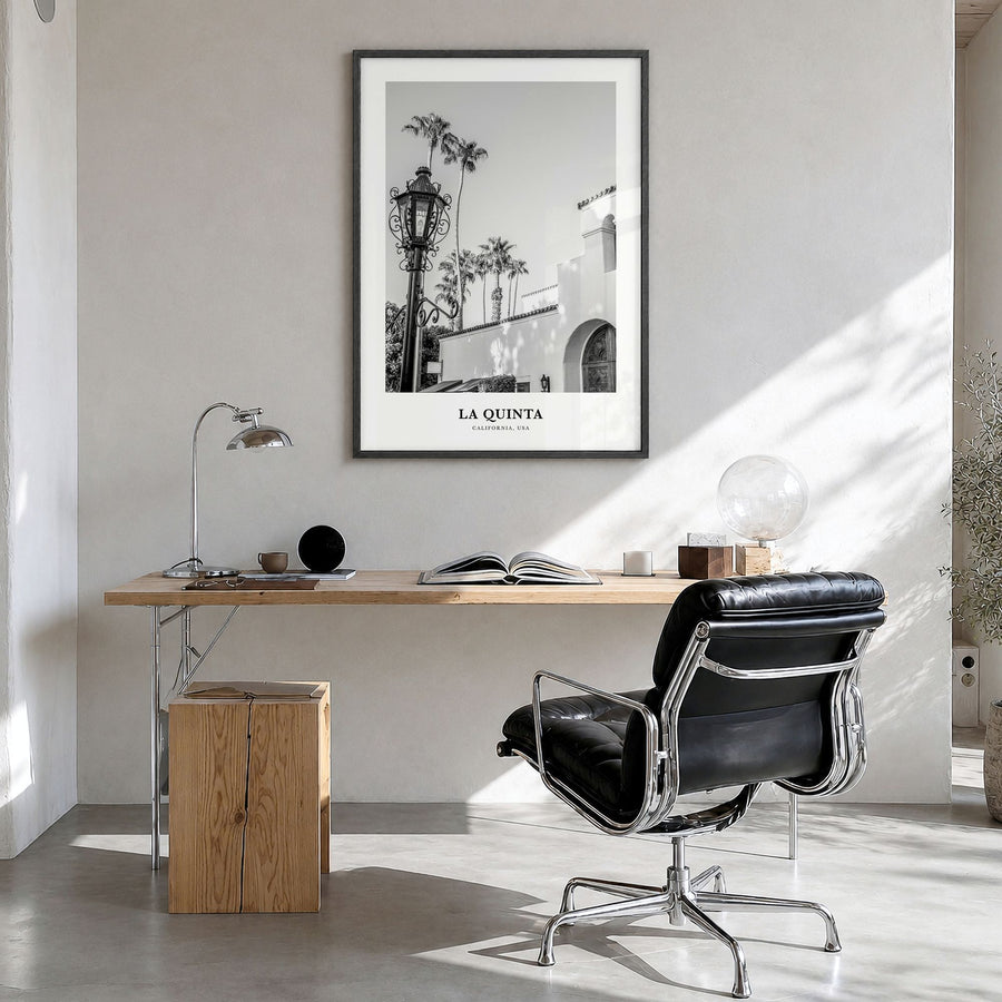 La Quinta Classic No 1 Poster in a black wood frame, hanging in a bright home office