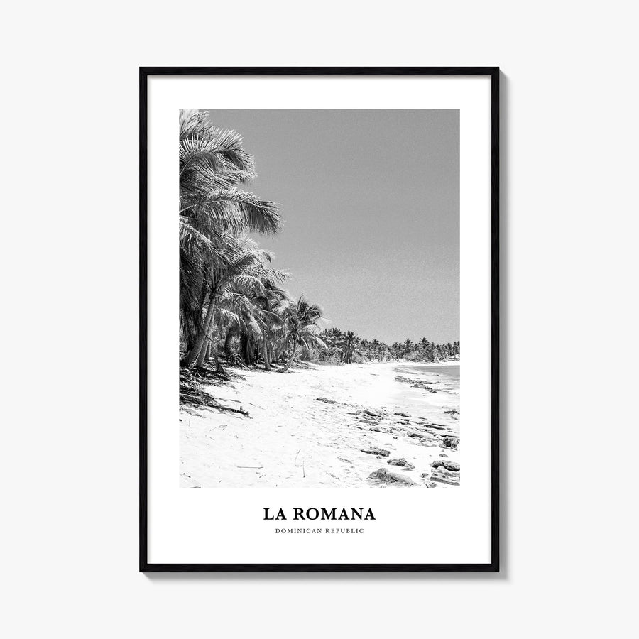 La Romana black & white classic poster of Dominican Republic – vertical wall art, unframed print shown in interior mockup