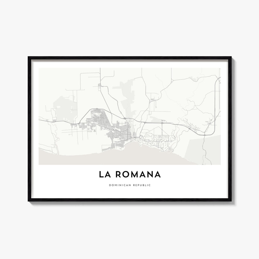 La Romana black & white map poster of Dominican Republic – horizontal wall art, unframed print shown in interior mockup