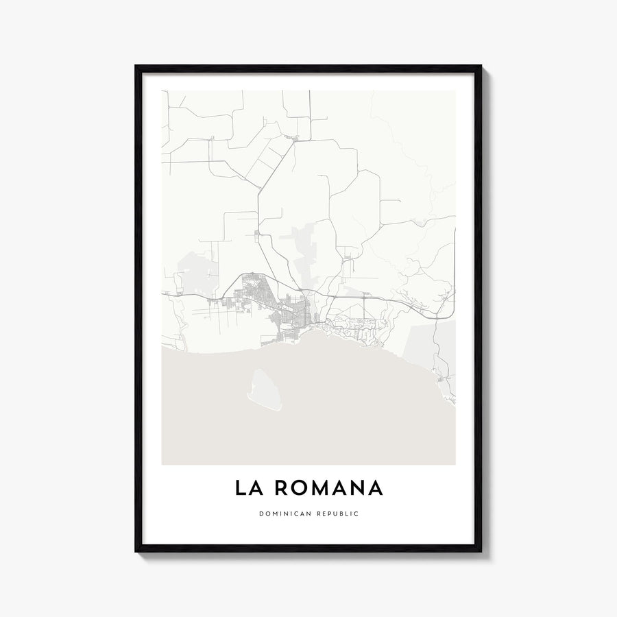 La Romana black & white map poster of Dominican Republic – vertical wall art, unframed print shown in interior mockup