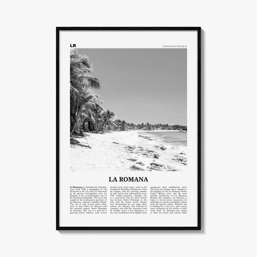 La Romana black & white newspaper poster of Dominican Republic – vertical wall art, unframed print shown in interior mockup