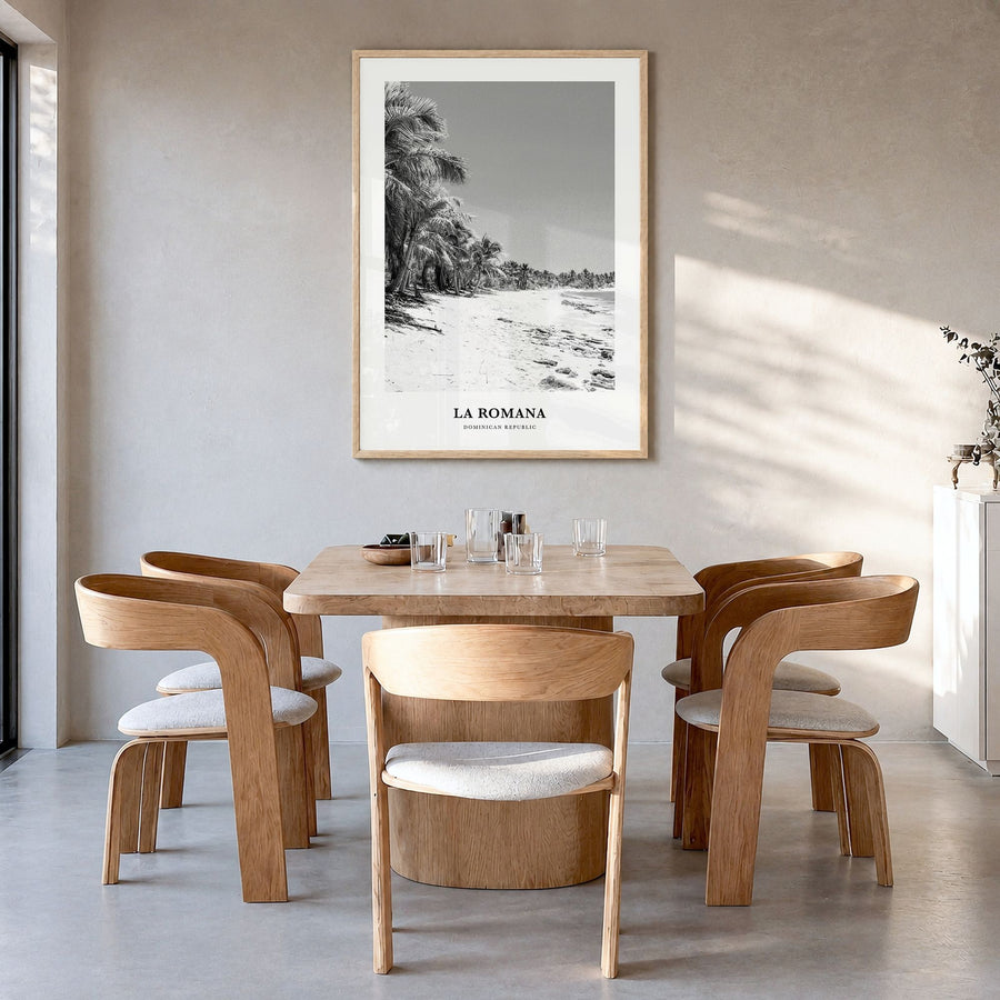 La Romana Classic Poster in a natural wood frame, hanging in a dining room
