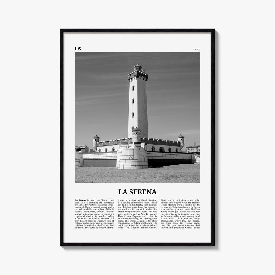 La Serena black & white newspaper poster of Chile – vertical wall art, unframed print shown in interior mockup