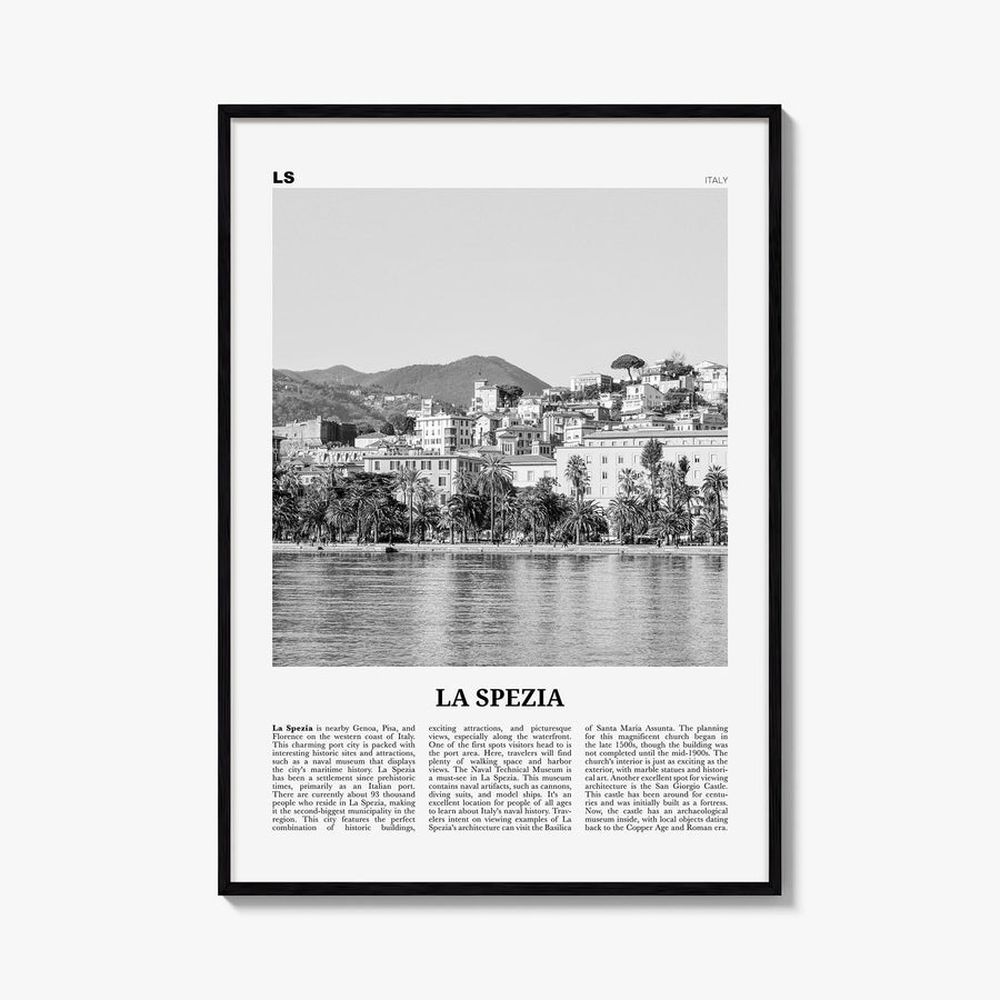 La Spezia black & white newspaper poster of Italy – vertical wall art, unframed print shown in interior mockup