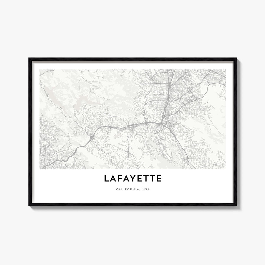 Lafayette, California black & white map poster of California, USA – horizontal wall art, unframed print shown in interior moc