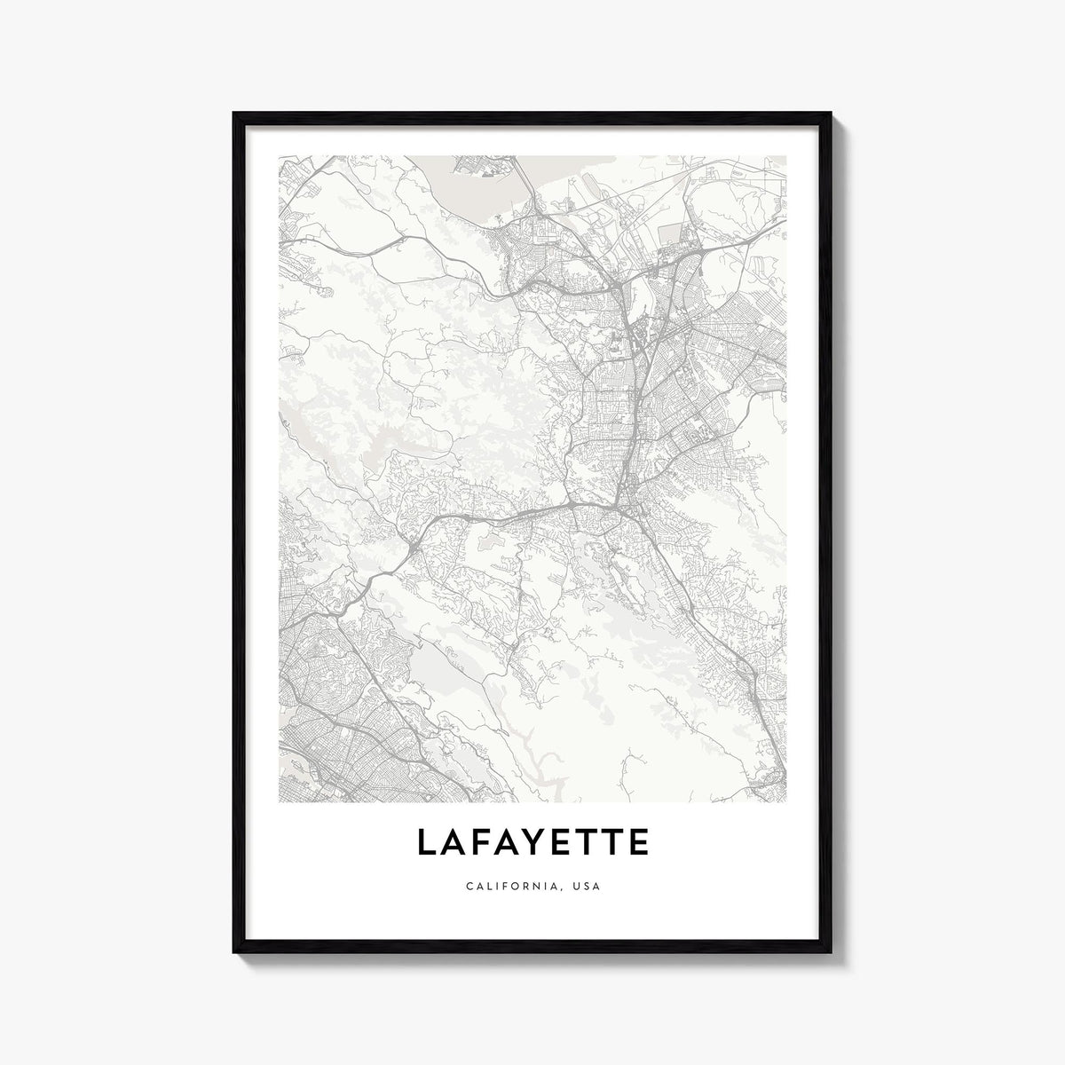 Lafayette, California black & white map poster of California, USA – vertical wall art, unframed print shown in interior mocku