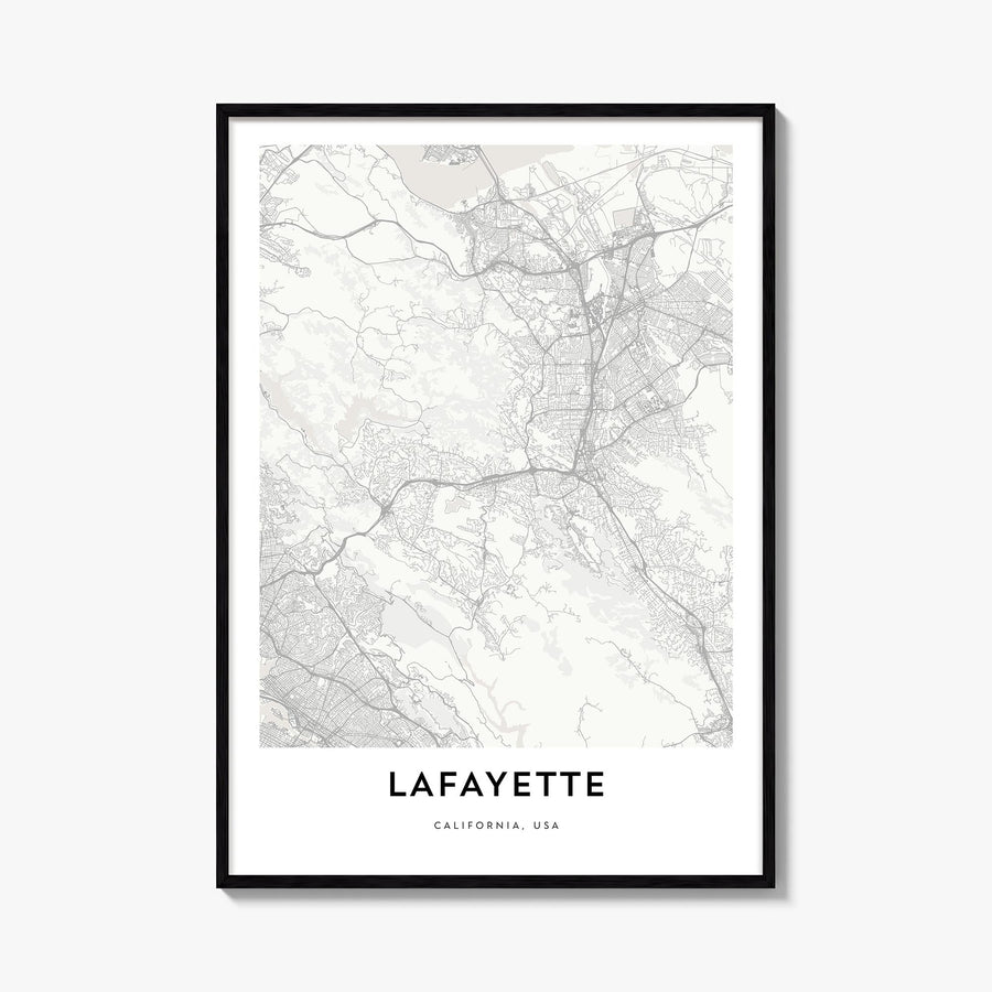 Lafayette, California black & white map poster of California, USA – vertical wall art, unframed print shown in interior mocku