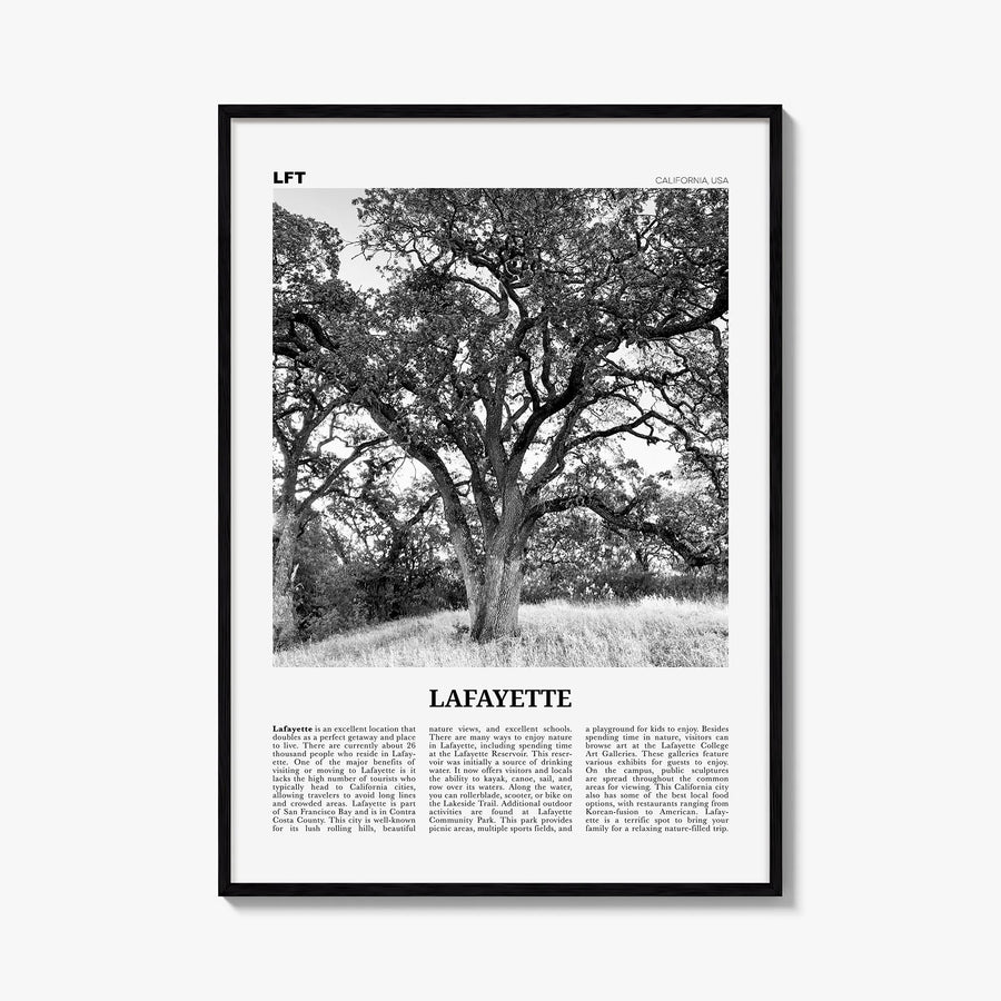 Lafayette, California black & white newspaper poster of California, USA – vertical wall art, unframed print shown in interior