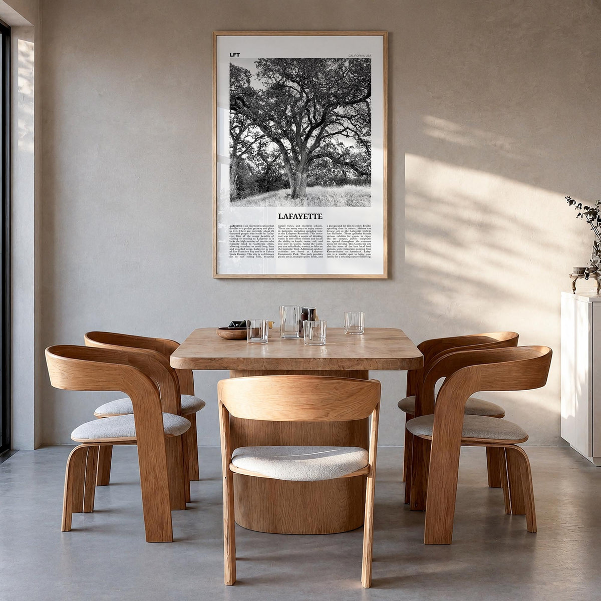 Lafayette, California black & white newspaper poster of California, USA – vertical wall art in natural wood frame, hanging on