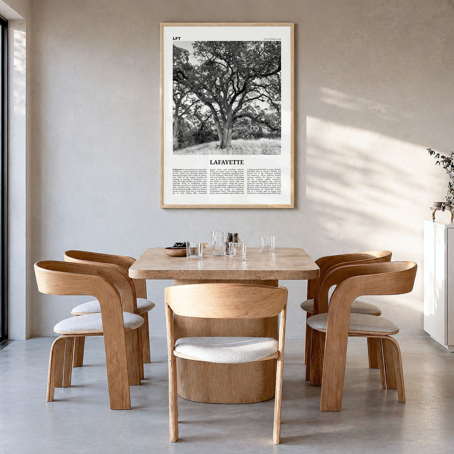 Lafayette, California Newspaper Poster in a natural wood frame, hanging in a dining room