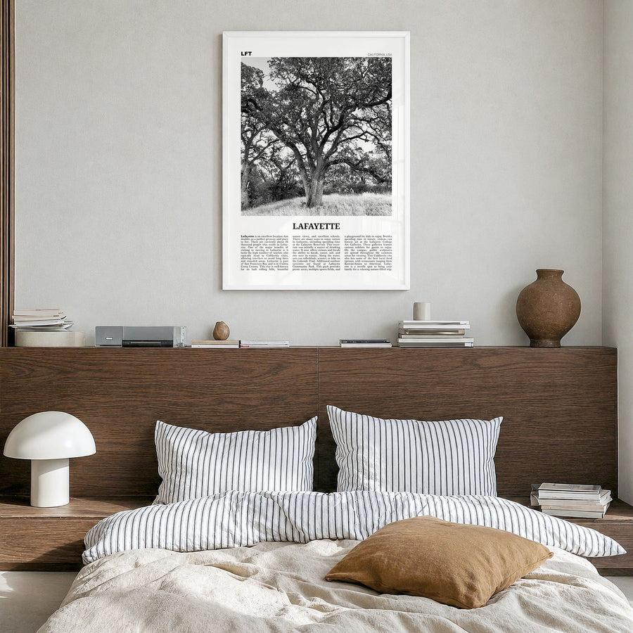 Lafayette, California Newspaper Poster in a white wood frame, hanging in a bedroom