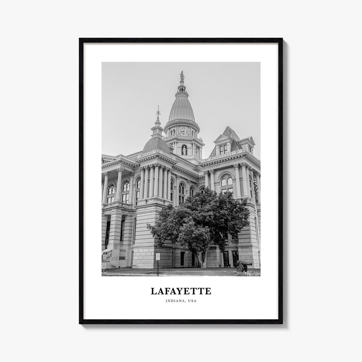 Lafayette, Indiana black & white classic poster of Indiana, USA – vertical wall art, unframed print shown in interior mockup