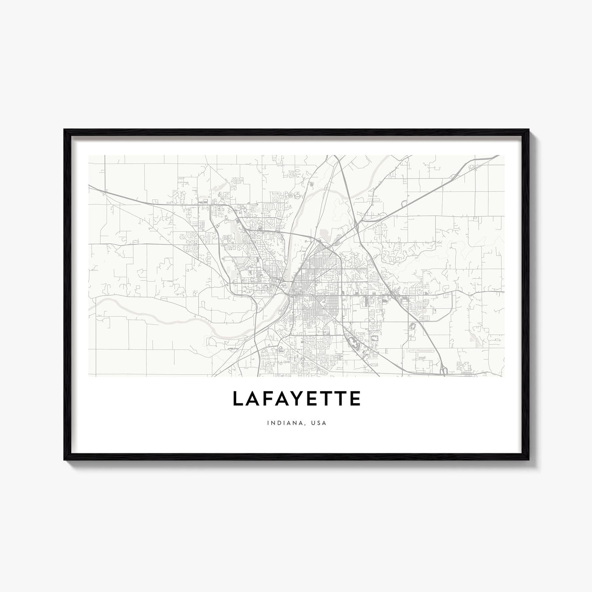 Lafayette, Indiana black & white map poster of Indiana, USA – horizontal wall art, unframed print shown in interior mockup