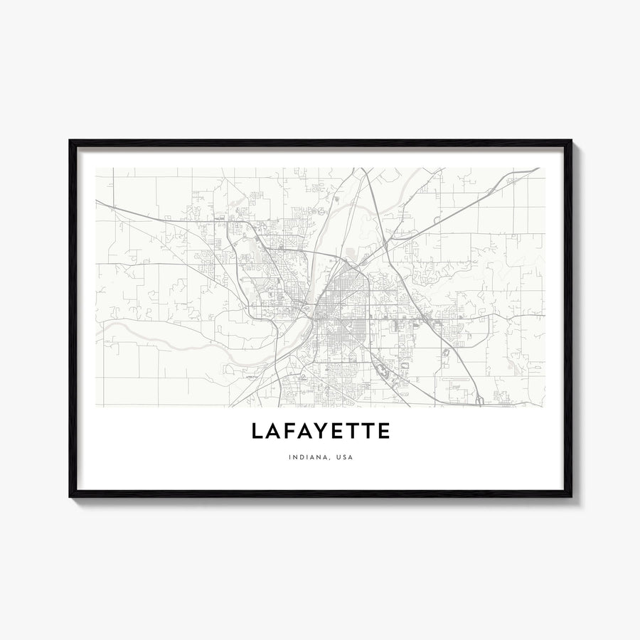 Lafayette, Indiana black & white map poster of Indiana, USA – horizontal wall art, unframed print shown in interior mockup